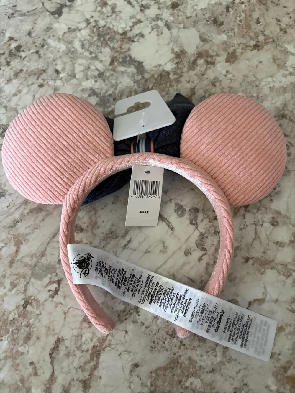 Disney Pink Corded Minnie Ears Headband with Navy Bow Accent NWT‼️